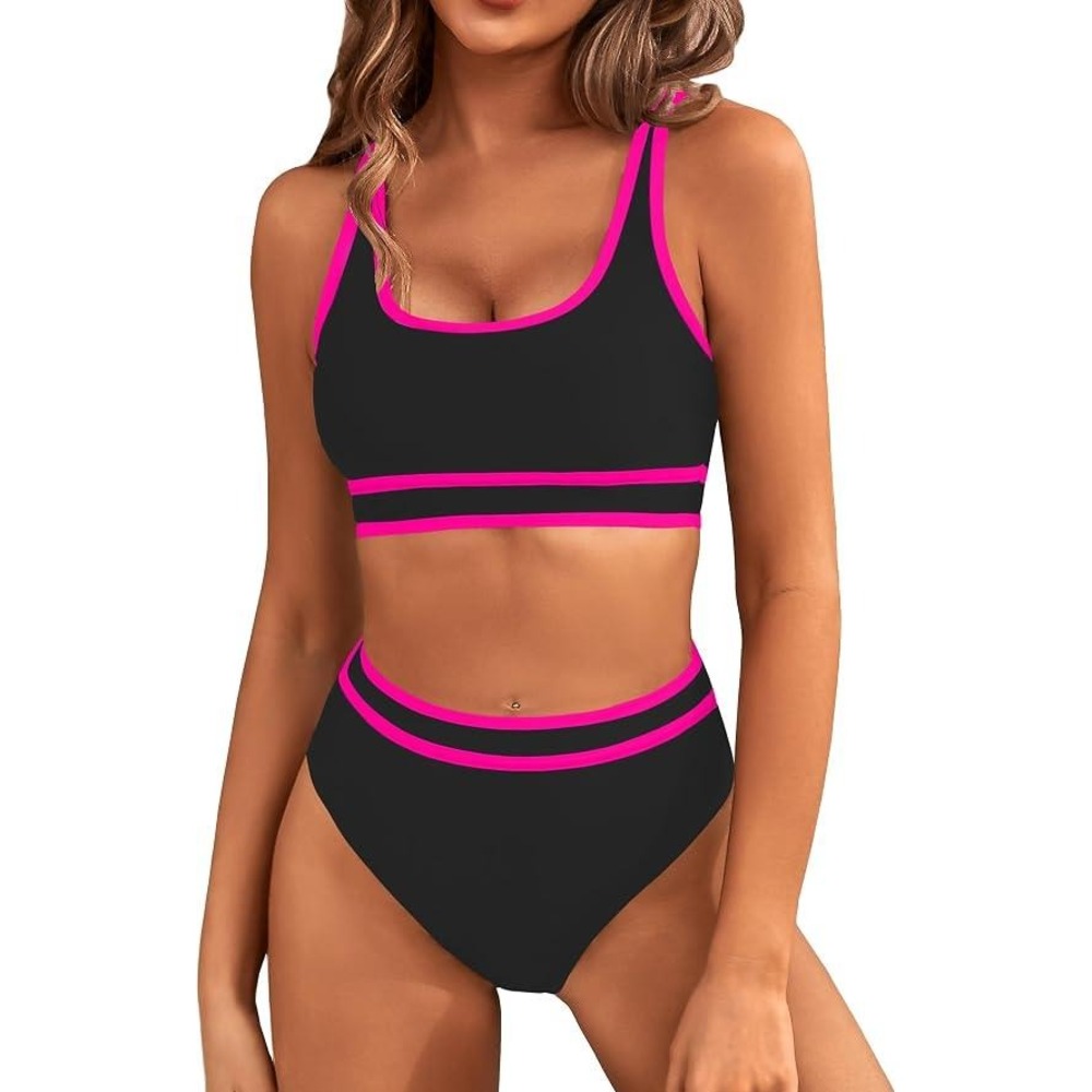 BMJL Women High Waisted Bikini Set Black Neon Pink Stripe Sporty Swimsuit Size S